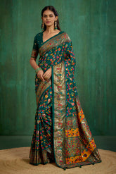 Shop Pine Green Velvet Tussar Silk Floral Print Ready to Wear Saree Online - Best Prices-RTW-3863